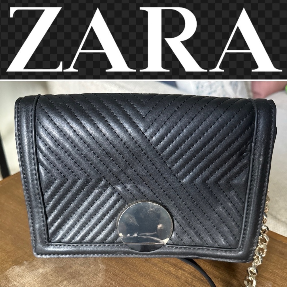 Zara Faux Leather Crossbody Clutch Bag Black With Gold Hardware